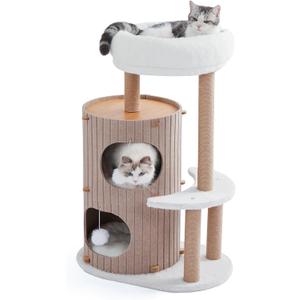 Cat Tree Tower with 2-Storey Large Felt Cat Bed Cave, Cozy Cats Tunnel Condo with Washable Cushions, 36.6" (Camel)