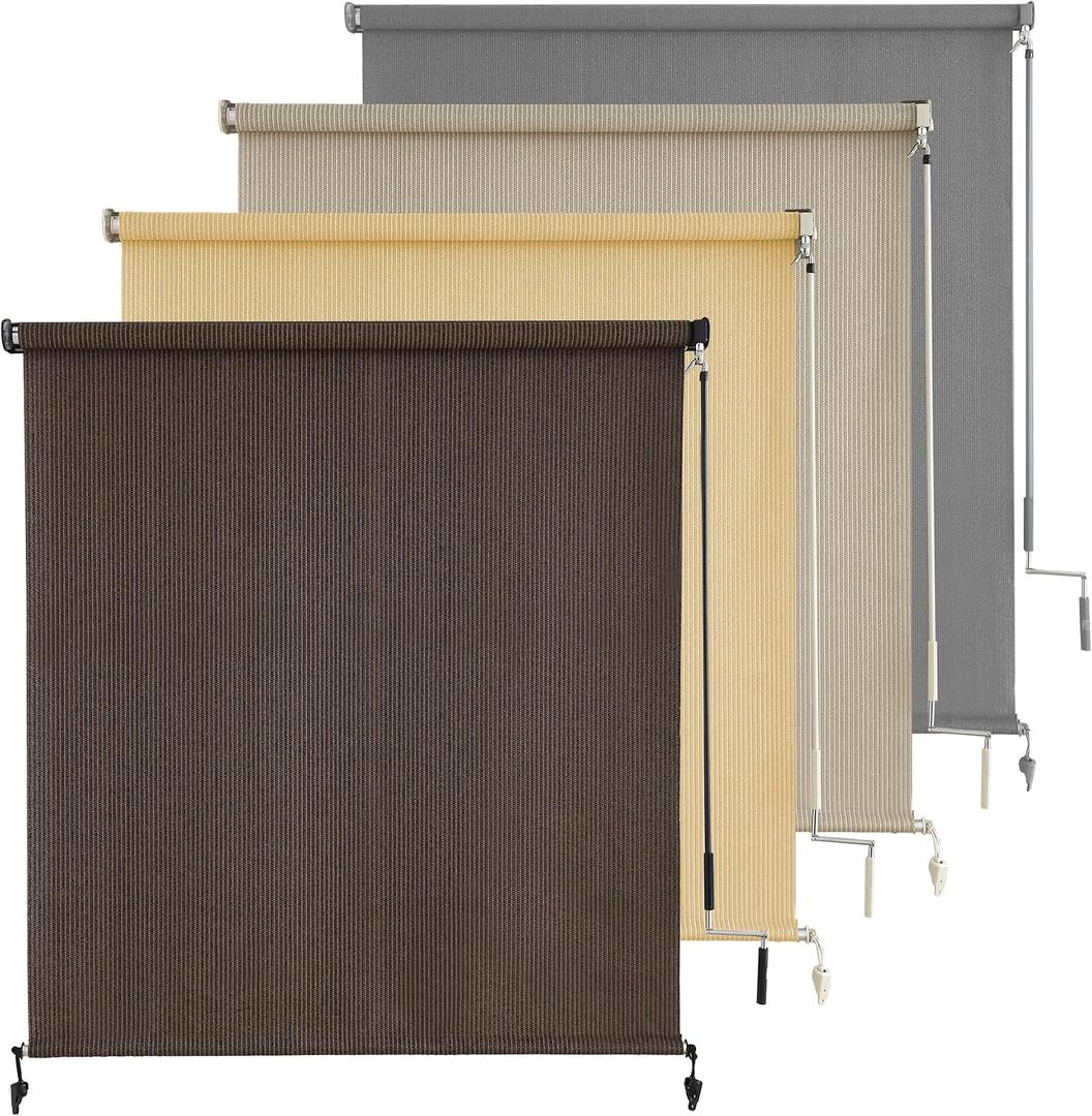 AOSKY Outdoor Roller Shades for Porch Privacy, Cordless Patio Roll Up Blinds with Spliced Pole Design, UV Blocking for Deck, Balcony, Backyard (96x72 Inch, Mocha)