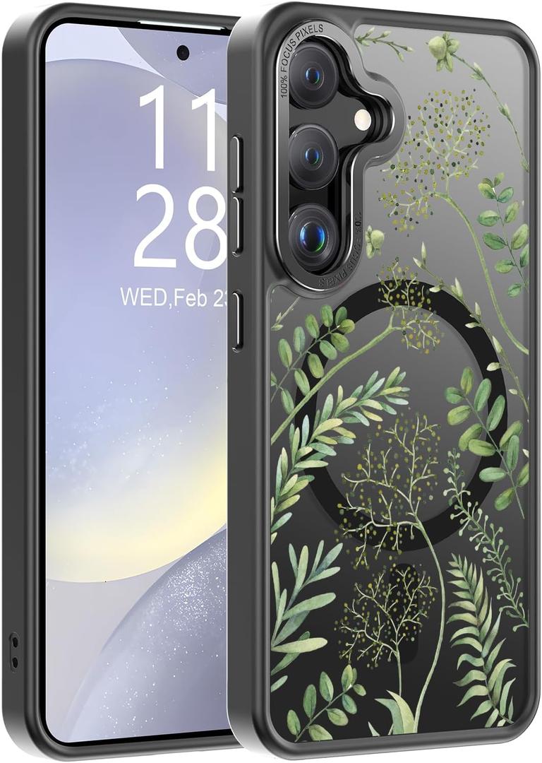 Goodon for Galaxy S25 Case, Wireless Charging Compatible, Shockproof Translucent Matte Cover - Cute Floral Design Phone Case for Women Girls - Green Leaves