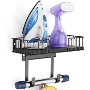 ORLESS Ironing Board Hanger Metal Wall Mount Iron and Ironing Board Holder, Laundry Room Decor and Storage with Large Storage Black Wooden Base Basket