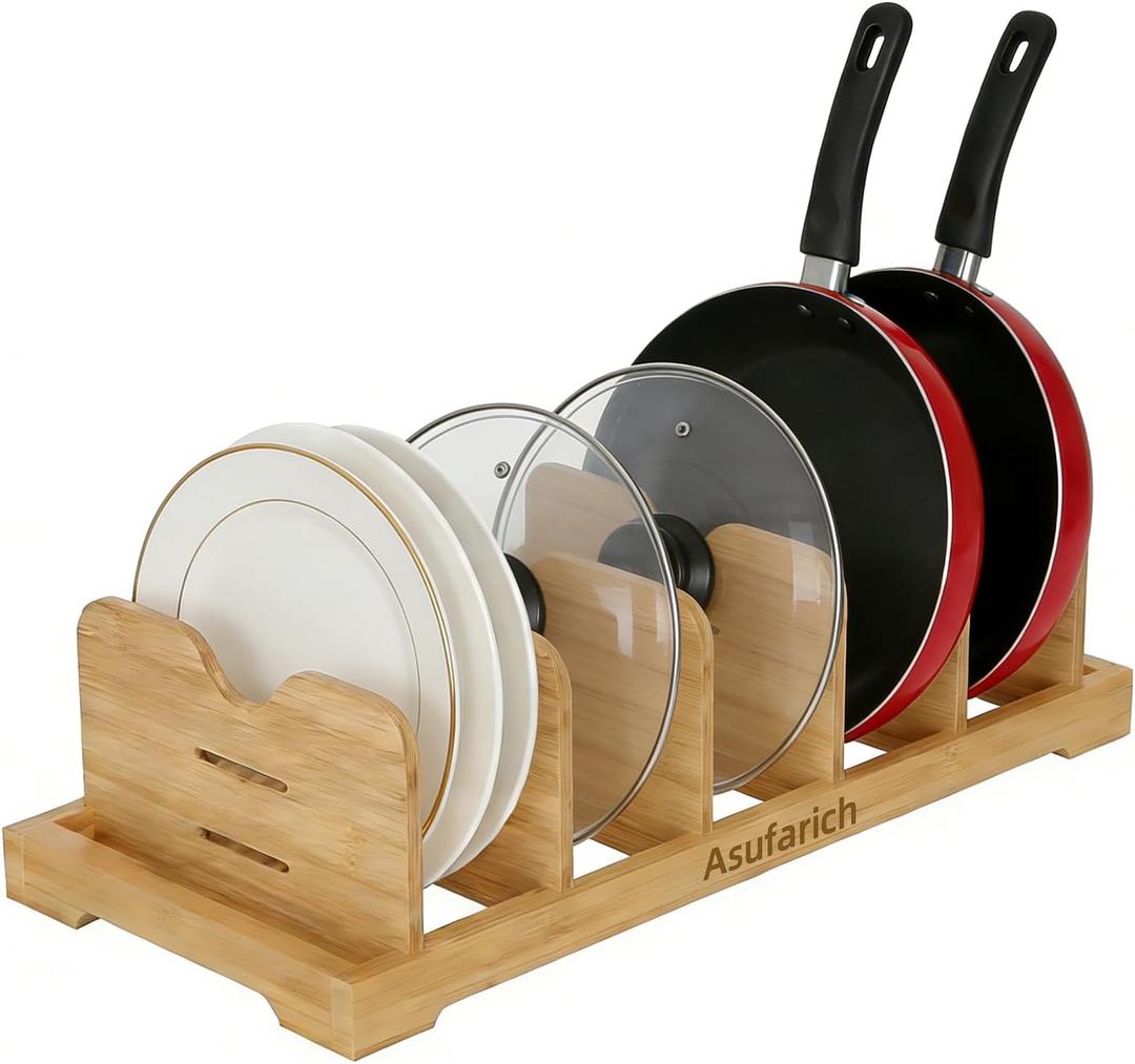 Pots and Pans Organizer Under Cabinet, Cutting Board/Baking Sheets Storage Rack, Adjustable Bamboo Pot Lid Holder, Pot Lid Organizer Inside Cabinet, Pot and Pan Organizers(Natural)