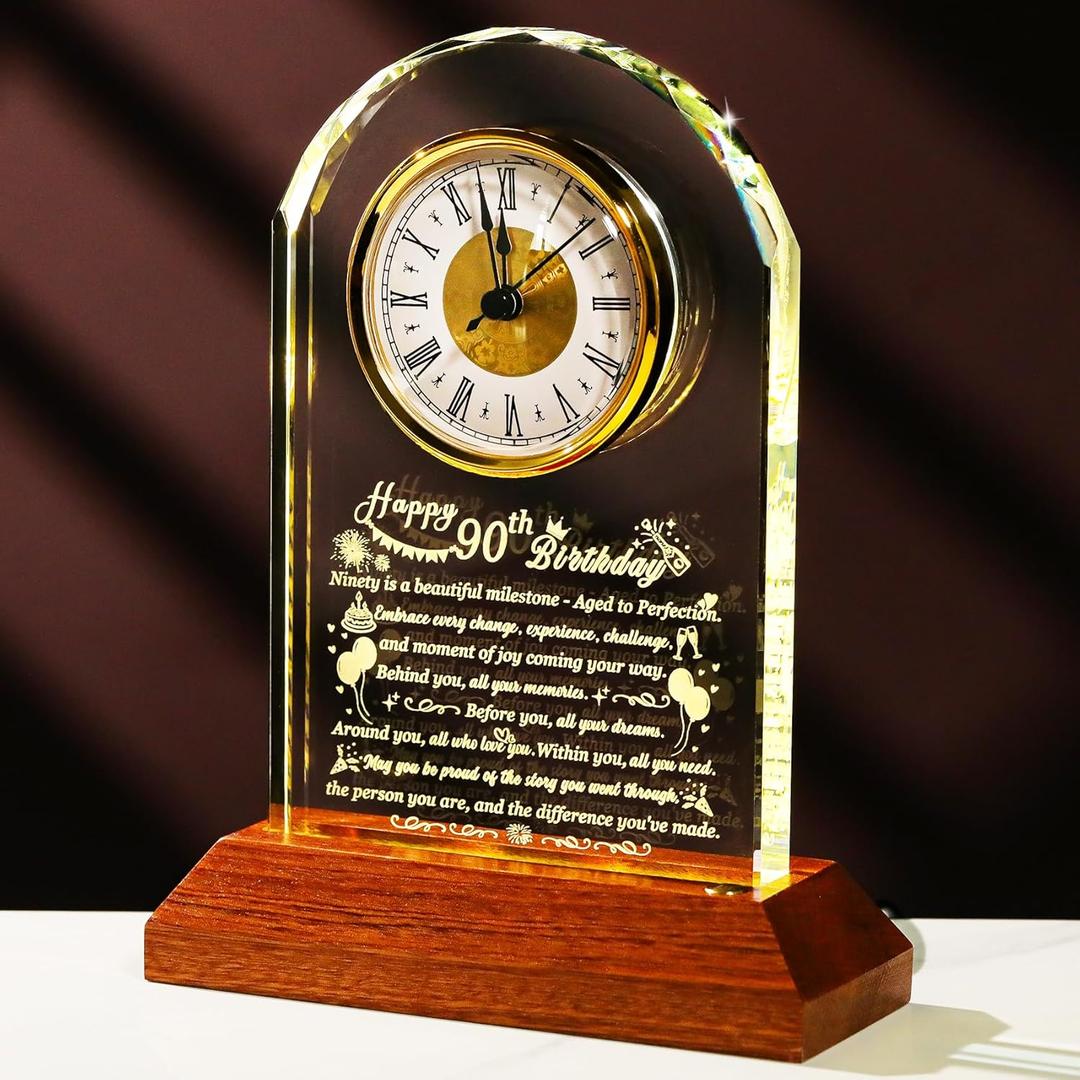 Happy 90th Birthday Glass Clock Gifts for Women, Men - 90 Year Old Birthday Gift with Wooden Light Base for Her Him, Turning 90 Quartz Clock Gift Idea for Mom Dad Unique Decoration