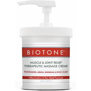 BIOTONE Muscle and Joint Relief Therapeutic Massage Cream 16 oz, with Natural Botanicals of, Glucosamine, Arnica, Boswellia and Devil's Claw to Alleviate Discomfort and Aching Muscles.