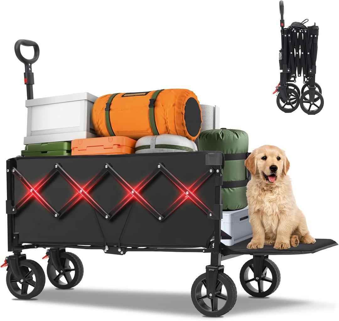 Collapsible Wagon Cart-Utility Foldable Wagon with Tailgate, Brakes, Anti-Rebounding Handler & 2 Cup Holders, for Groceries, Camping, Shopping, Garden - Sekey& Sunula Black