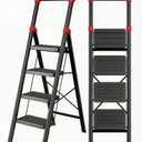 4Step Folding Step Ladder, Wide AntiSlip Pedals, AntiSlip Feet Comfort Handgrip, Sturdy Steel Construction, Portable Ladder for Household Use Black Red