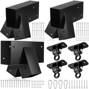 Duraaamo 7 Pack Heavy Duty Swing Set Bracket Kit with 4 Swing Hangers, 3 A-Frame Swings Brackets Hardware for DIY Backyard Playground, Includes 2 Main Brackets & 1 Middle Bracket 4 Rail(Black)