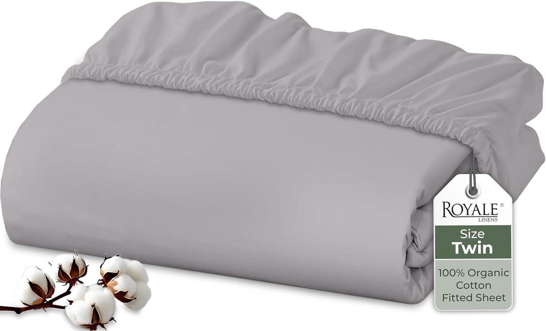 Royale Linens 100% Organic Cotton Fitted Sheet - Percale Weave - Super Soft Deep Pocket Bottom Sheets - Elastic Sheet Twin Size - Twin Fitted Sheets Only - (39"x75"+15", Silver)