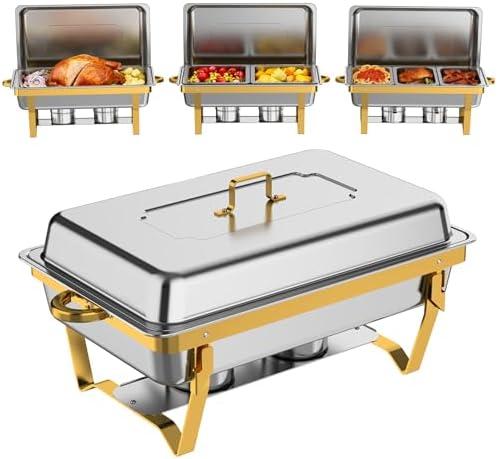 Trivico Chafing Dishes for Buffet 8 Pack(Full 1/2 1/3 Size Pan), 9QT Chafing Dish Buffet Set Stainless Steel Buffet Food Warmers Sets for Catering Events Parties Dinners, Gold and Silver