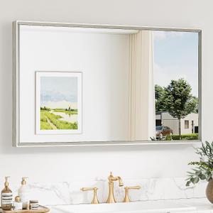 Keonjinn 40 x 24 Inch Brushed Nickel Bathroom Mirrors for Over Sink, Beveled Rectangle Framed Mirrors for Wall, Farmhouse Bathroom Vanity Mirror, Tempered Glass, Square Corner