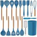 MIBOTE 17 Pcs Silicone Cooking Kitchen Utensils Set with Holder, Wooden Handles BPA Free Silicone Turner Tongs Spatula Spoon Kitchen Gadgets Utensil Set for Nonstick Cookware (Blue)