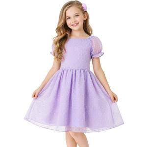 HILEELANG Girls Chiffon Dress with Puff Sleeves, Flower Girl Party Dress with Soft Lining (6-7 Years)