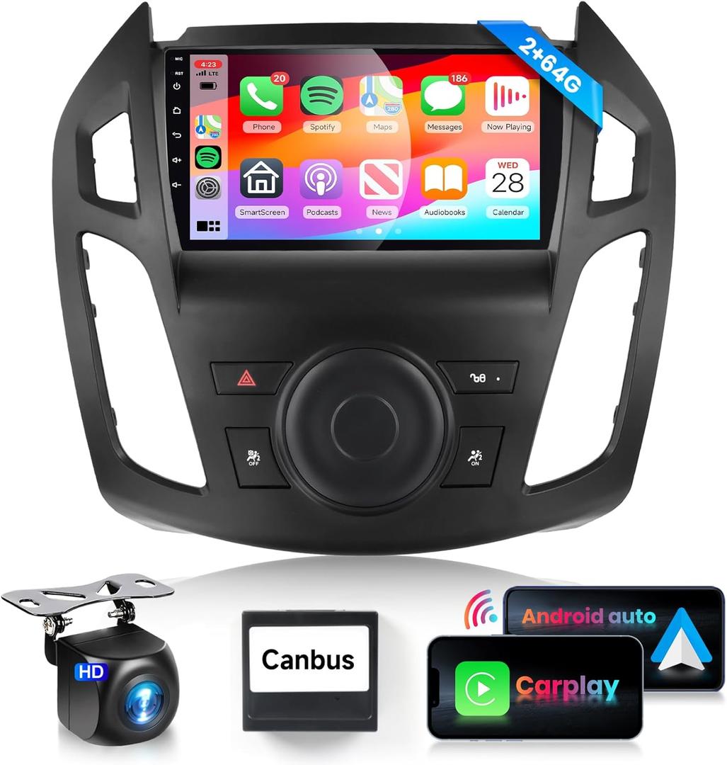 16EQ 2G 64G Car Radio for Ford Transit Connect 2014-2018 Stereo with Wireless Carplay Android Auto 9 inch 1080P HD Touchscreen Canbus Bluetooth FM/RDS GPS WiFi Mirror Link Backup Camera External MIC