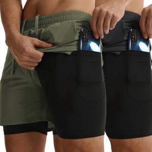 ATTBEA Men's 2 in 1 Running Shorts with Liner 5" Quick Dry Workout Gym Sports Shorts with Pockets (Large, Black/Green)