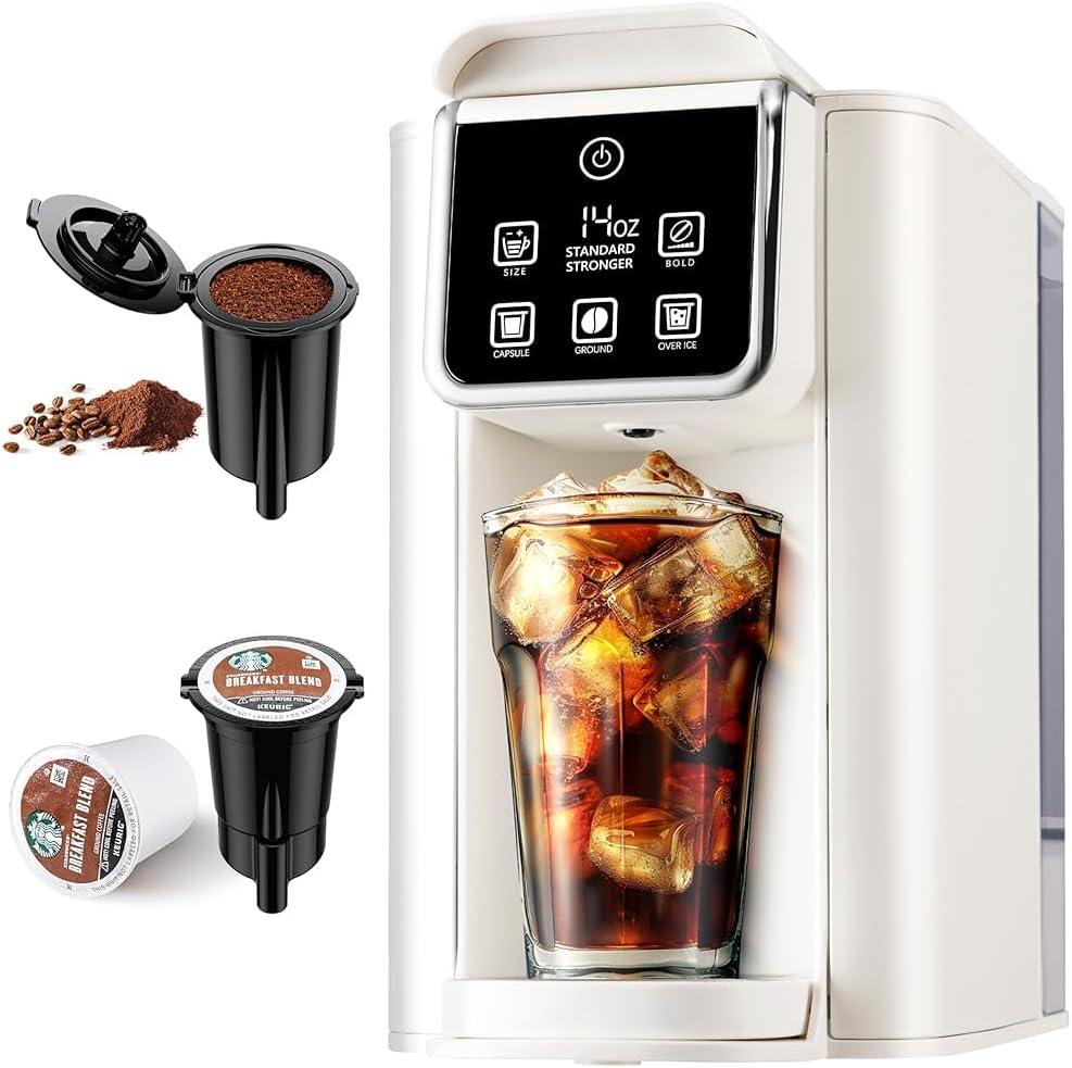 Hot & Iced Coffee Maker with Bold Setting, Single Serve Coffee Maker for K Cup and Grounds, 6-14 Oz Brew Sizes, 50 Oz Removable Water Tank, One Cup Coffee Machine with Reusable Filter, White (Ivory) Hot & Iced Coffee Maker with Bold Setting, Single Serve Coffee Maker for K Cup and Grounds, 6-14 Oz Brew Sizes, 50 Oz Removable Water Tank, One Cup Coffee Machine with Reusable Filter, White (Ivory)