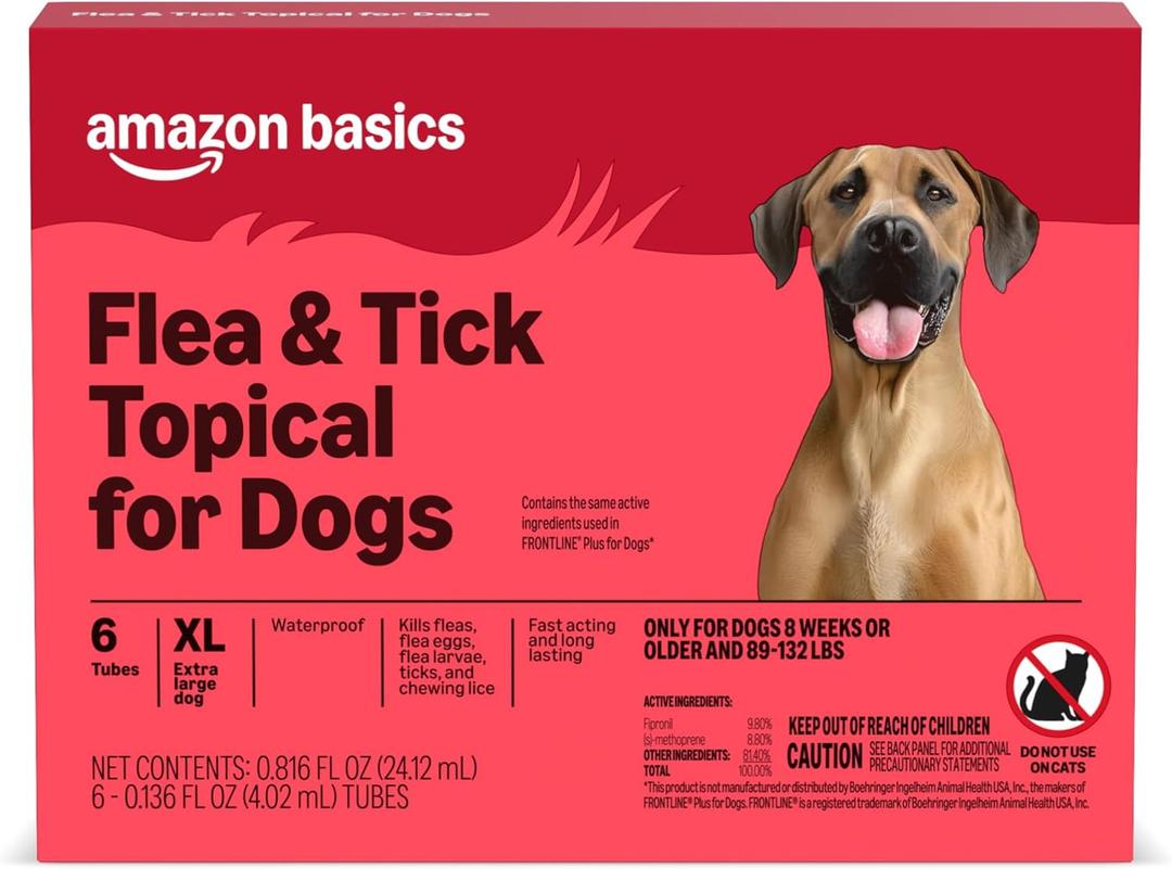 Amazon Basics Flea and Tick Topical Treatment for X-Large Dogs (89-132 Pounds), 6 Count, Packaging May Vary