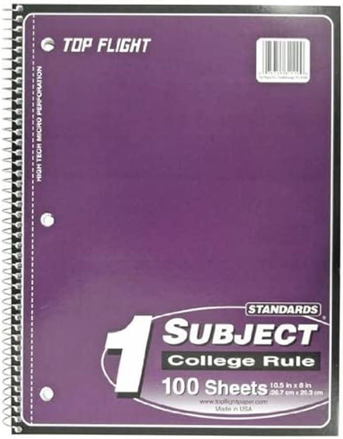 Top Flight Standards 1-Subject Wirebound Notebook, 100 Sheets, 3-Hole Punched, College Rule, 10.5 x 8 Inches, 1 Notebook, Color May Vary (31119)
