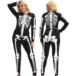 Skeleton Costume Women Front and Back Print Skeletons Sexy Form Fitting Bodysuit for Halloween (Large)