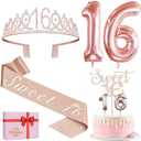 Sweet 16 Birthday Party Decorations for Girls, Sweet 16 Sash and Tiara, Cake Topper and Candles, Number Balloons, 16th Birthday Gifts for Girls