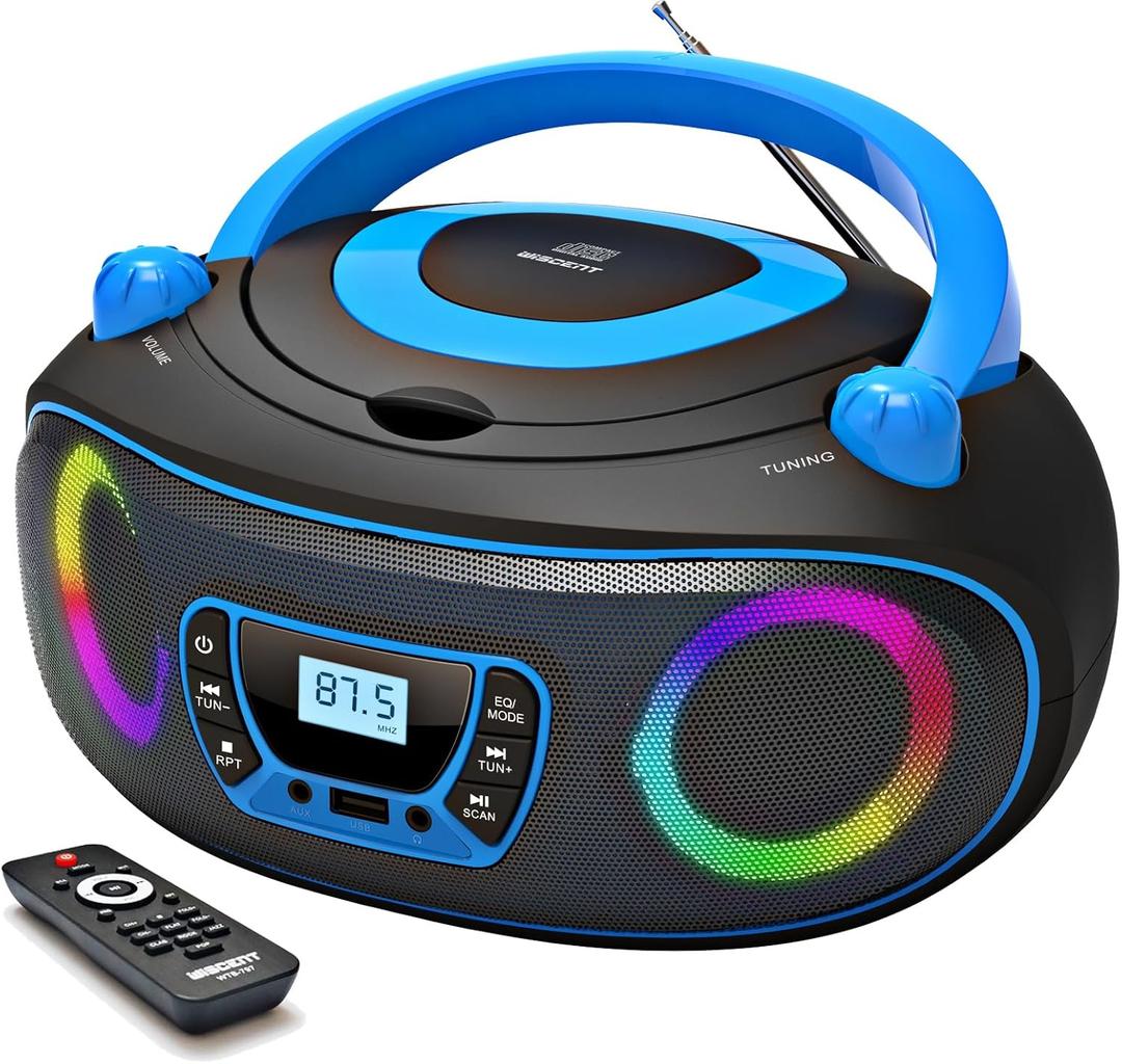 Portable Radio CD Player Boombox with Bluetooth,FM Radio,USB MP3 Playback,AUX-in,Headphone Jack,MP3 CDs Compatible,Kids CD Players for Home or Outdoor (Blue)