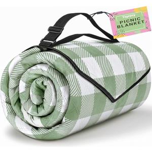 TigeJoy Extra Large Picnic Blanket Waterproof Foldable 80''x80'', Outdoor Picnic Mat Beach Blanket Sandproof for Park, Grass, Travel, Hiking, Camping Essentials, Gingham Picnic Blanket  Green, 6'8" x 6'8" (Rectangular)