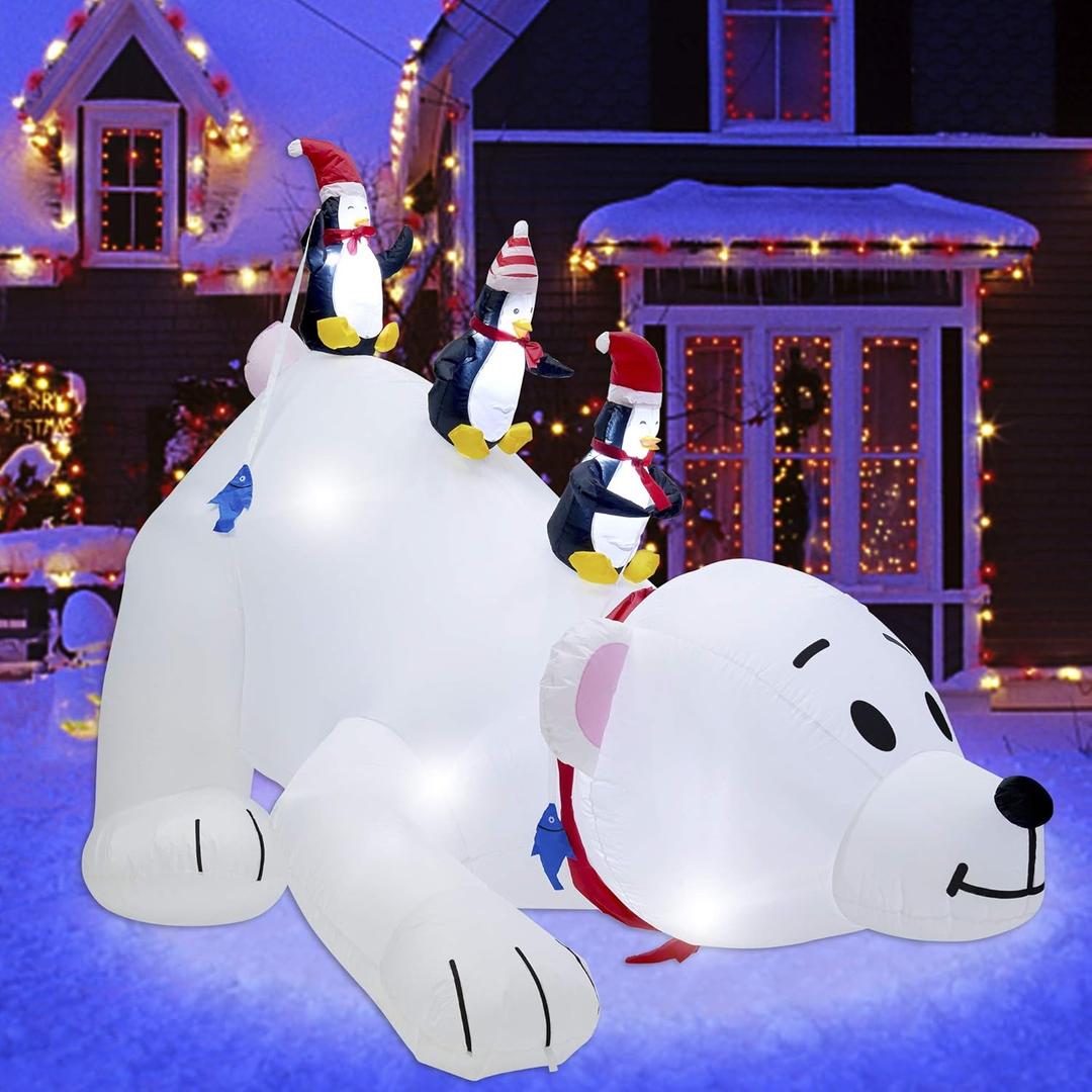 Juegoal Christmas 7.7(L) x 6 FT(H) Inflatables Lighted Polar Bear with Three Penguins, Blow Up White Bear Happy Fishing Penguin, Indoor Outdoor Xmas Winter Decor Lawn Yard Garden Decorations