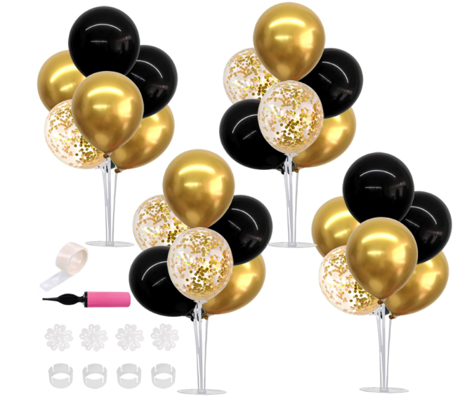 TONIFUL 4 Set Black Gold Balloon Centerpieces for Table,Balloon Stand Kit for Black Gold Party Decor 40th 50th 60th 70th Birthday Decorations Anniversary Graduation Decorations 2026 New Year Eve