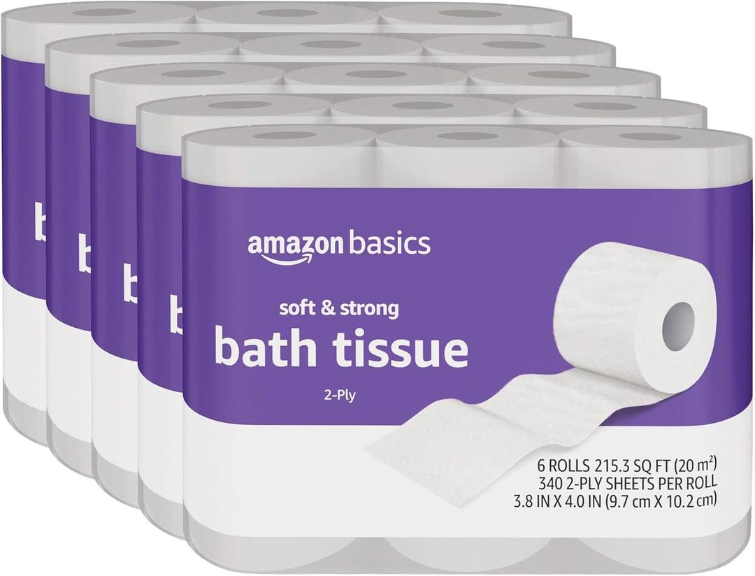 Amazon Basics Soft and Strong 2-Ply Toilet Paper, 30 Ultra Rolls = 120 Regular Rolls, Unscented, 340 Sheet (30 Rolls)