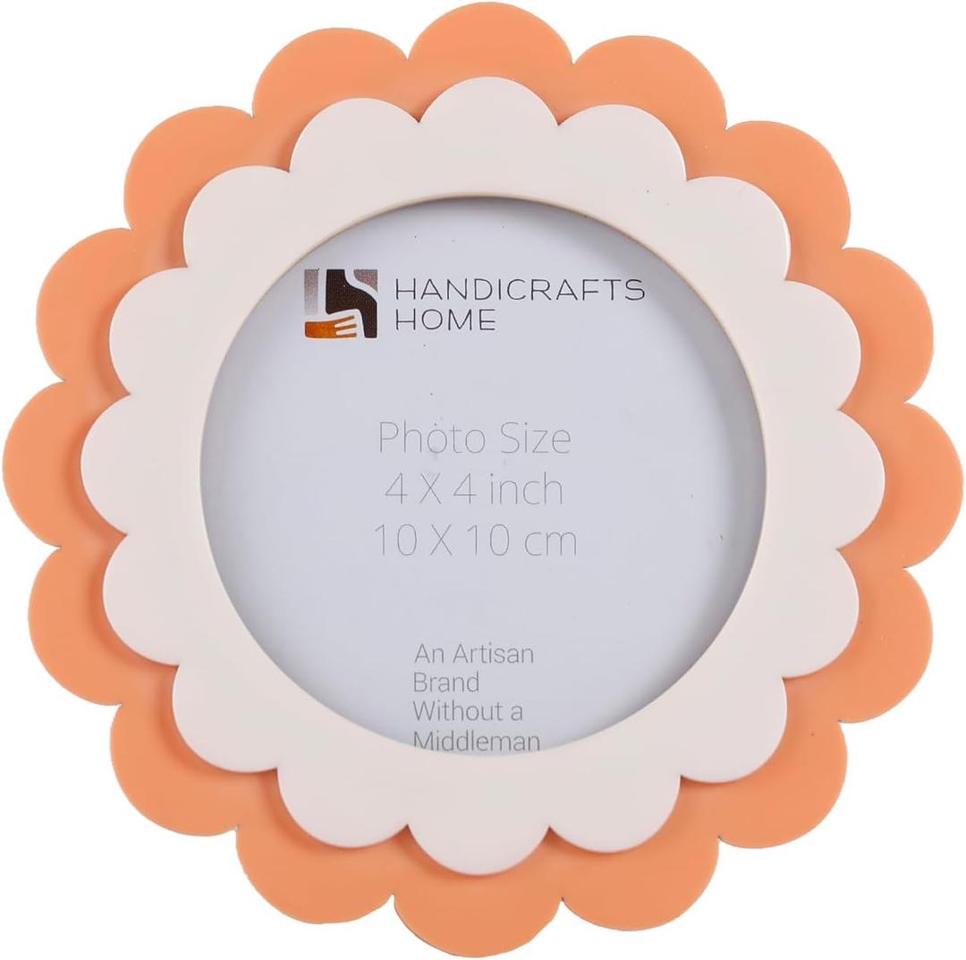 Handicrafts Home 4x4 Picture Frame  Scalloped Rose Glow Resin Inlay  Handmade Decorative Nursery Inspired Decor Round Frame for Desk or Shelf, Boho Home Decor, Farmhouse Style, Gift for Mom to Be