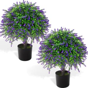 2 Pcs Artificial Lavender Topiary Ball Trees Potted Plants, UV Resistant Fake Lavender Topiary Plant Purple Trees for Garden, Front Door Porch and Outdoor Decor (Purple, M)