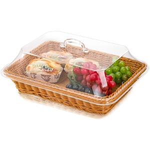 DEAYOU Imitation Rattan Bread Basket with Lid, Woven Tabletop Food Serving Basket, Poly-Wicker Fruit Basket for Vegetable, Restaurant, Display, Kitchen, Party, Rectangle, 13.8" L x 9.8" W