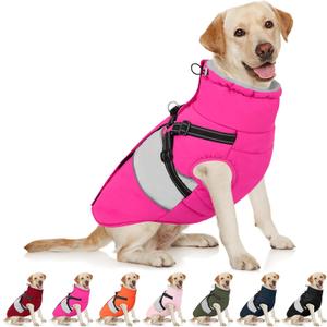 AOFITEE Dog Coat Warm Dog Winter Coat, Waterproof Dogs Jacket with Harness, Dogs Snow Jacket Snowsuit with Zipper & Furry Collar, Reflective Windproof Pet Sweater for Cold Weather, French Bulldog, L (Rose Red)