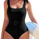 AI'MAGE Women's One Piece Swimsuit 2025 Tummy Control Swimsuits Slimming Bathing Suits Belted Swim Suit Swimwear (Black), Size M