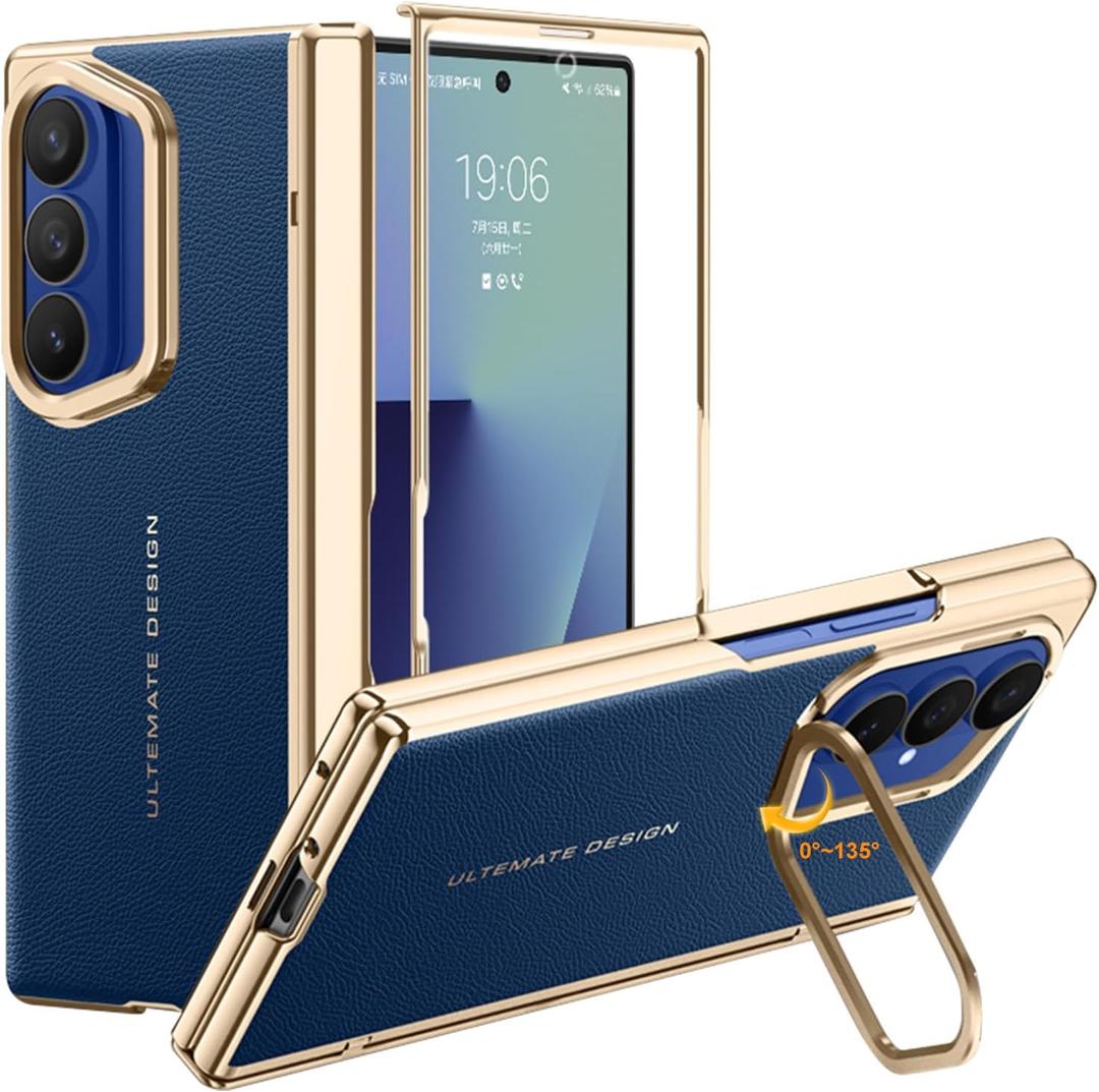 for Samsung Galaxy Z Fold 7 Case with Leather Back, Built-in Camera Kickstand, Electroplated Frame & Hinge Protection, Screen Protector, Thin & Slim Leather Stand Cover 5G 2025, Blue