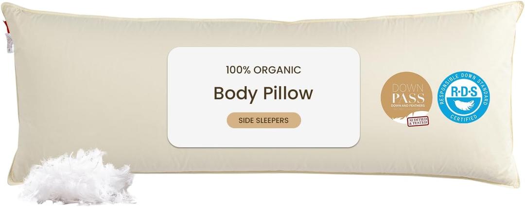 Goose Down Body Pillows for Adults, Large Body Pillow for Side Sleeper, Hugging Feather Body Pillow Insert, Cooling Full Length Long Pillow for Bed with 100% Organic Cotton Shell, Off-White 20" x 60"