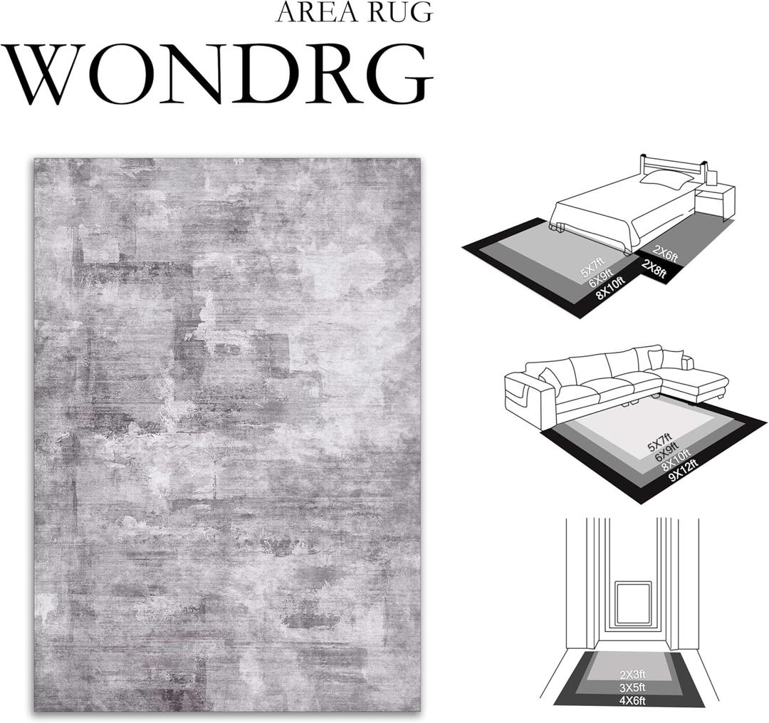 WondRg 2x3 Washable Area Rug Grey Abstract Modern Entryway Kitchen Non Slip Throw Rug Living Room Bedroom Indoor Doormat Small Soft Thin Simple Carpet for Entrance Bathroom
