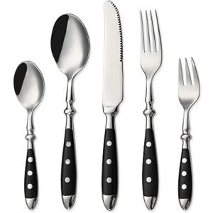 HOMECHEN 20-Piece Vintage Silverware Set with Black Bakelite Handles - Elegant Flatware for Home Kitchen & Special Occasions, Dishwasher Safe (Includes Forks, Spoons & Knives)