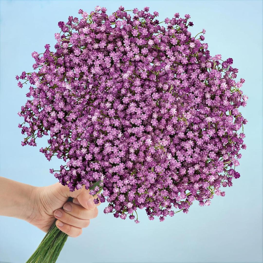 N&T NIETING Babys Breath Artificial Flowers Bulk, 10Pcs Fake Gypsophila Bouquet Flowers Real Touch Faux Babies Breath Arrangement for Wedding Floral Party Home Centerpieces Vase Decoration, Purple