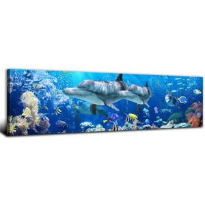 Ocean Dolphin Wall Art for Bathroom Nautical Theme Picture Photo Coastal Room Decor Nature Blue Seascape Painting Prints Under The Sea World Landscape Poster Artwork Living Room Home Decoration 14x48"