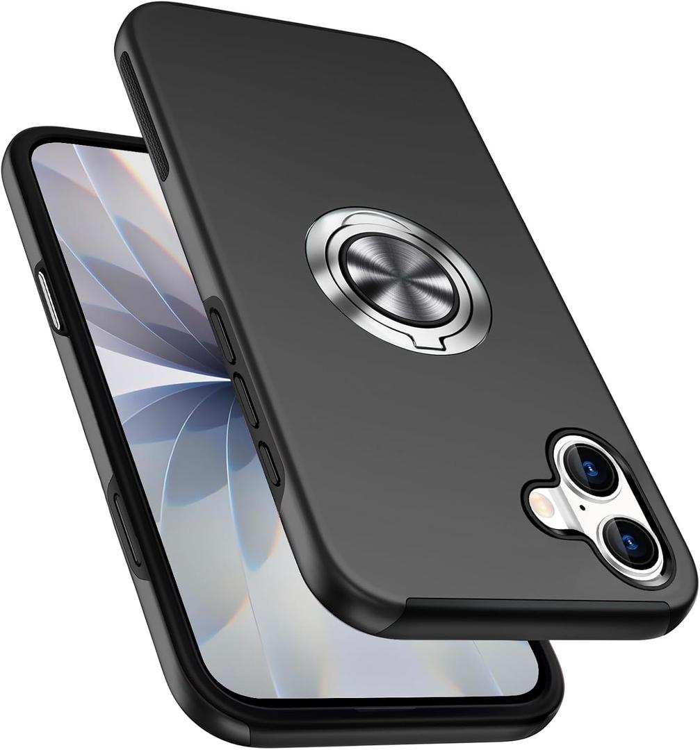 Shockproof Case for iPhone 17 6.3 inch, [Embedded Finger Ring] Military Grade Phone Case Cover with Reinforced Metal Stand Kickstand [Support Magnetic Car Holder] for iPhone 17, Black