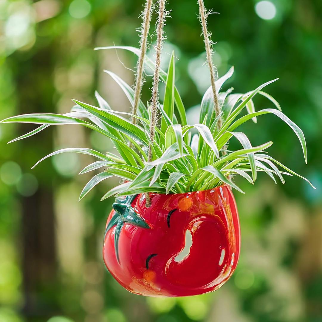 Cute Plant Pot - Funny Hanging Planter Gardening Gifts for Plant Lovers Women Mother House Warming - Smiley Red Planter for Indoor Outdoor
