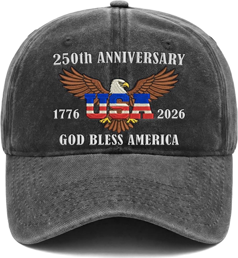 250th Anniversary USA Hat Washed Denim Patriotic Baseball Cap Embroidered 1776 2026 USA God Bless America USA 250th Anniversary Merchandise Gifts for Men Women Patriotic Lovers