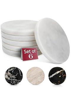 Gusto Nostro White Marble Coasters Set of 6 with Non-Slip Backing - Luxury Natural Stone Coasters for Drinks - Genuine Marble Kitchen Accessories, Round Stone Coaster for Kitchen Counter, Coffee Table