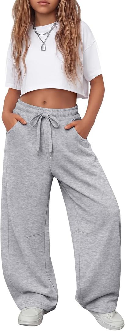Girls Sweatpants 5-16y Baggy Barrel Pants Teen Wide Leg Open Bottom Casual Drawstring Soft Sweat Pants with Pockets(13-14 Years,Light Gray) (Gray)