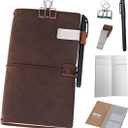 Newestor Refillable Leather Journal Travelers Notebook - 8.5 x 4.5 Travel Diary with 5 Inserts + Pen Holder and Binder Clip, Standard Size, Brown