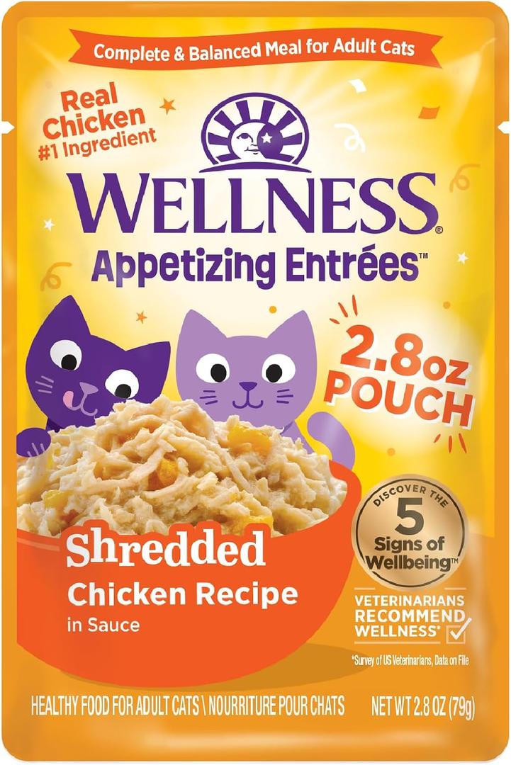 Wellness Appetizing Entres Shredded Adult Wet Cat Food, Natural, Protein Rich, Grain Free, Chicken Recipe, 2.8 oz, Pack of 8 Pouches (EXP 04/10/27)