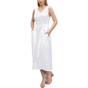 Summer Belted V Neck Wide Leg Jumpsuits For Women Loose Fit Sleeveless With Pockets (Large, White)