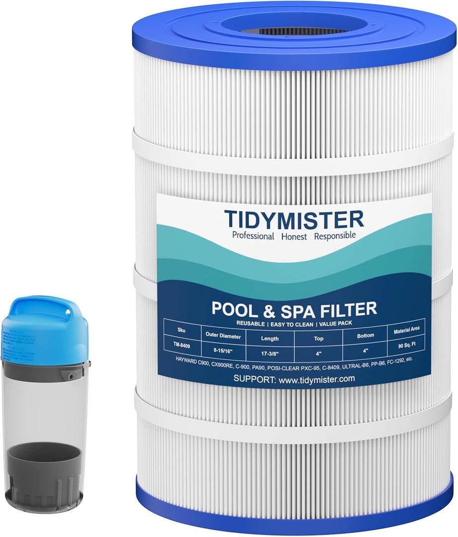 4 x TidyMister C900 Pool Filter Cartridge Replacement, Compatible with Hayward C900, CX900RE, Pleatco PA90, Unicel C-8409, Filbur FC-1292, Sta-Rite Posi-Clear PXC-95, 90 sq.ft, 17 3/8" x 8 15/16", 1 Pack
