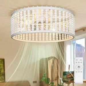 20" Boho Ceiling Fan with Light, Wood Beaded Fandelier with Remote, Flush Mount/Low Profile/6-Speed/Timer/3 CCT/Quiet DC Motor/Reversible, French Farmhouse Style Chandelier Fan, White