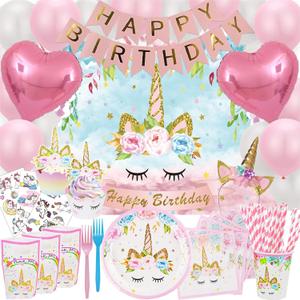 Unicorn Birthday Decorations, Unicorn Party Supplies for Girls Birthday - Party Backdrop Bday Balloons Kit Headband Cake Cupcake Toppers Wrappers Banner Tattoos Plates Cups Napkins Straws Favor Bags