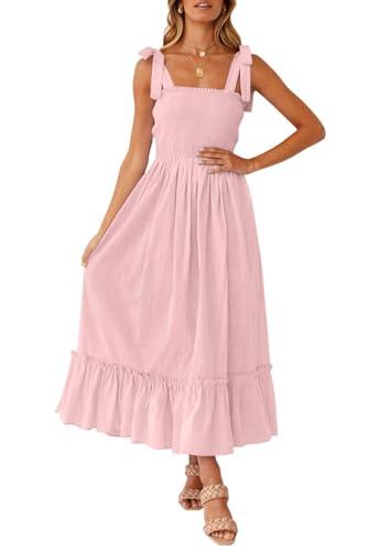 ZESICA Women's 2025 Summer Boho Spaghetti Strap Square Neck Solid Color Ruffle A Line Beach Long Maxi Dress,Pink,Medium